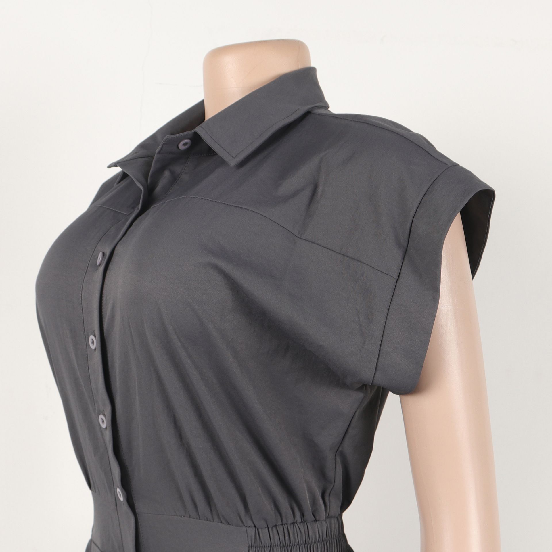 Casual Commuter Lapel Sleeveless Button Down Waisted Workwear Insert Pocket Jumpsuit