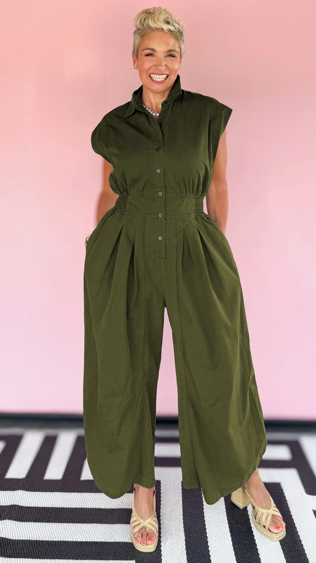 Casual Commuter Lapel Sleeveless Button Down Waisted Workwear Insert Pocket Jumpsuit
