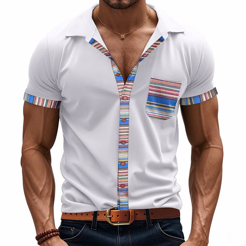 New Summer Men's Loose Casual Light Luxury Bohemian Style Colour Collision Shirt Short Sleeve Cardigan