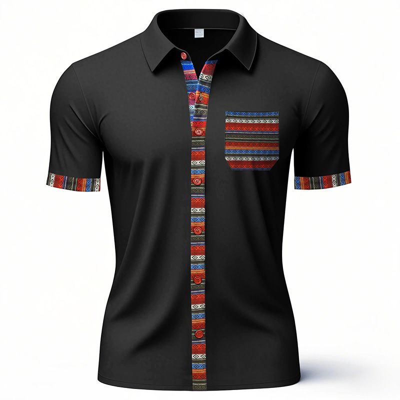 New Summer Men's Loose Casual Light Luxury Bohemian Style Colour Collision Shirt Short Sleeve Cardigan