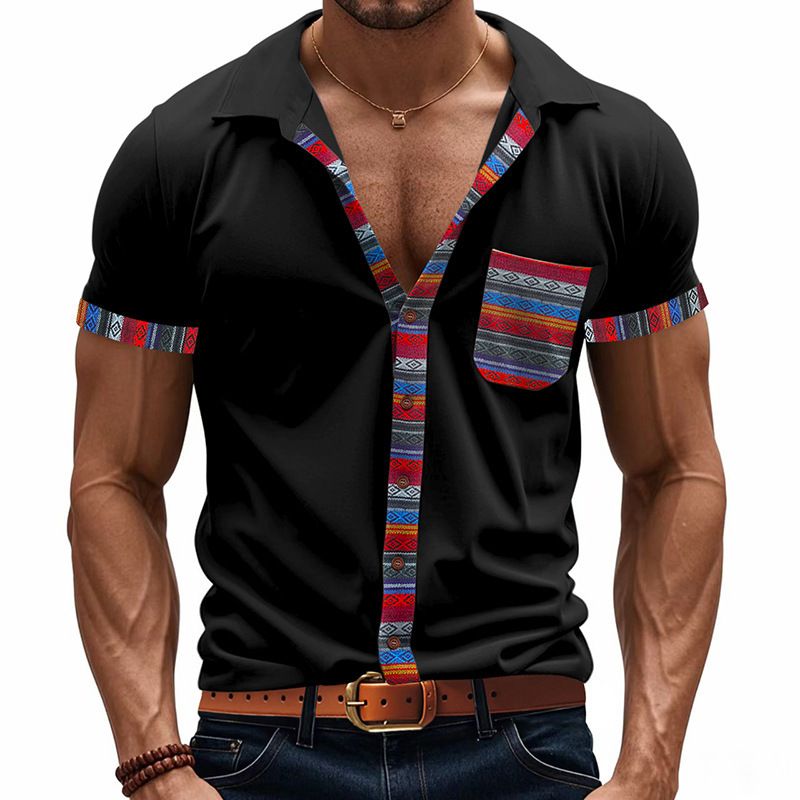 New Summer Men's Loose Casual Light Luxury Bohemian Style Colour Collision Shirt Short Sleeve Cardigan