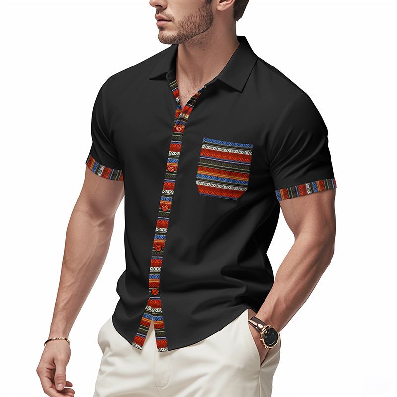 New Summer Men's Loose Casual Light Luxury Bohemian Style Colour Collision Shirt Short Sleeve Cardigan