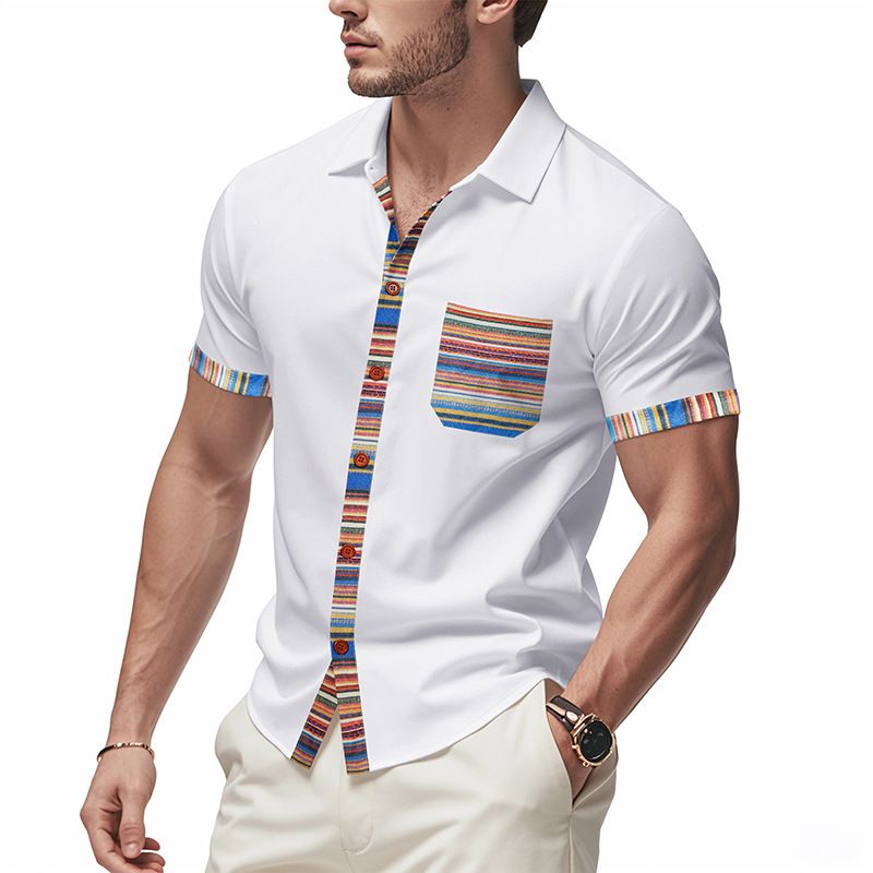 New Summer Men's Loose Casual Light Luxury Bohemian Style Colour Collision Shirt Short Sleeve Cardigan