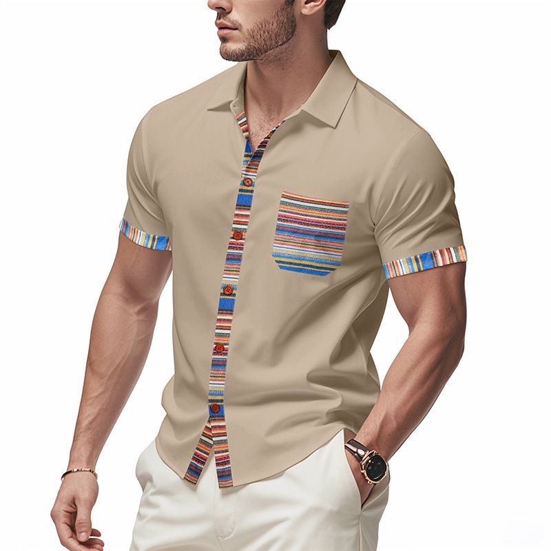 New Summer Men's Loose Casual Light Luxury Bohemian Style Colour Collision Shirt Short Sleeve Cardigan