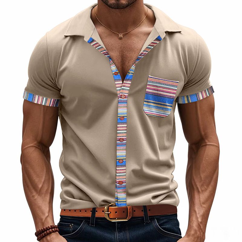 New Summer Men's Loose Casual Light Luxury Bohemian Style Colour Collision Shirt Short Sleeve Cardigan