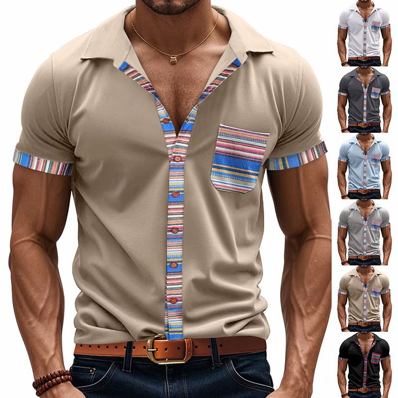 New Summer Men's Loose Casual Light Luxury Bohemian Style Colour Collision Shirt Short Sleeve Cardigan