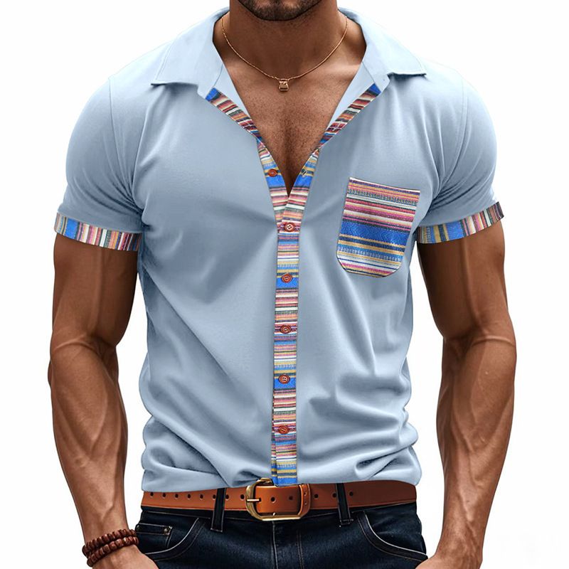 New Summer Men's Loose Casual Light Luxury Bohemian Style Colour Collision Shirt Short Sleeve Cardigan