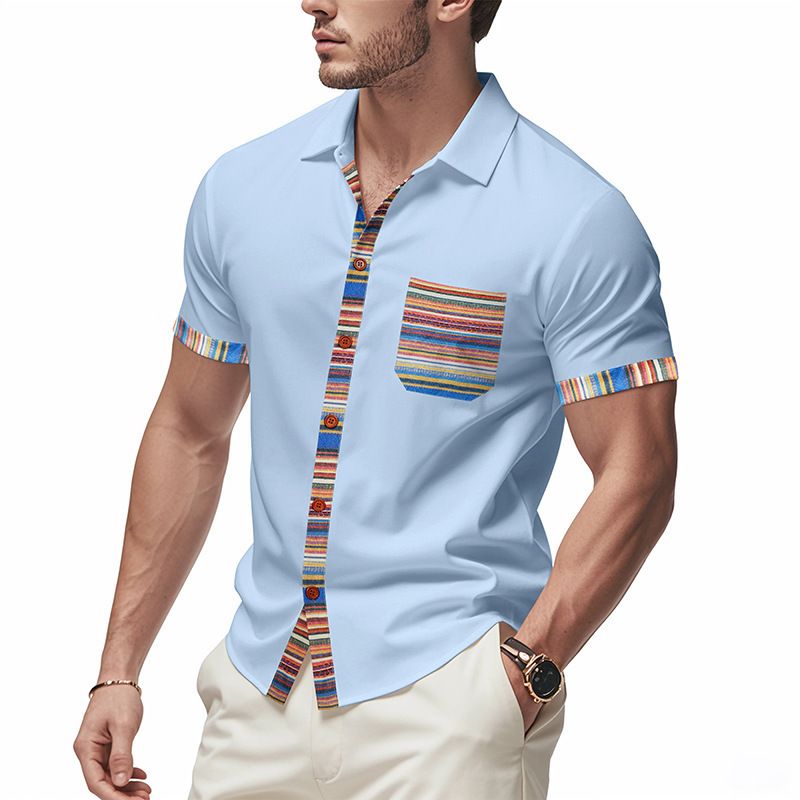 New Summer Men's Loose Casual Light Luxury Bohemian Style Colour Collision Shirt Short Sleeve Cardigan