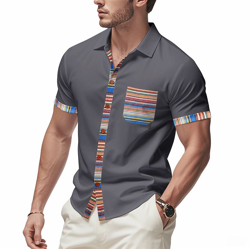 New Summer Men's Loose Casual Light Luxury Bohemian Style Colour Collision Shirt Short Sleeve Cardigan