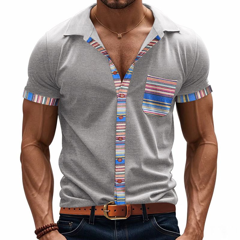 New Summer Men's Loose Casual Light Luxury Bohemian Style Colour Collision Shirt Short Sleeve Cardigan