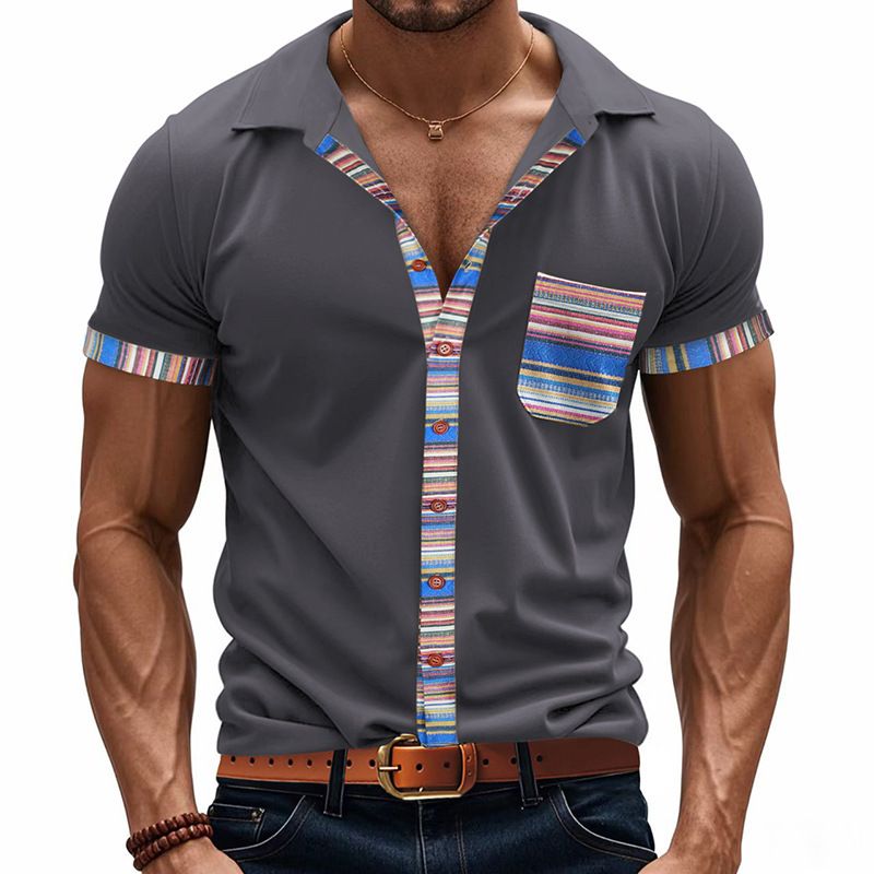 New Summer Men's Loose Casual Light Luxury Bohemian Style Colour Collision Shirt Short Sleeve Cardigan