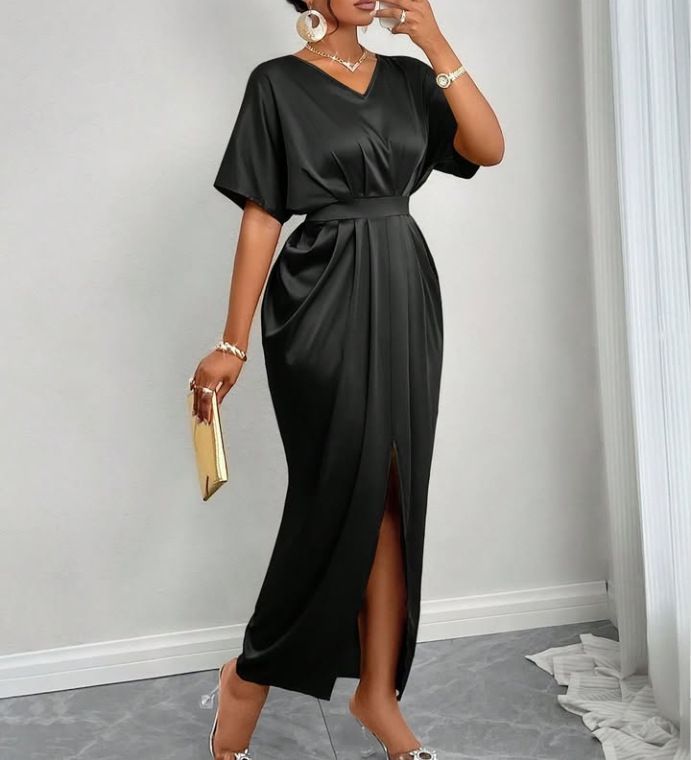 Women's Amazon Solid Satin V-Neck Short Sleeve Waist Tie Slit Long Dresses