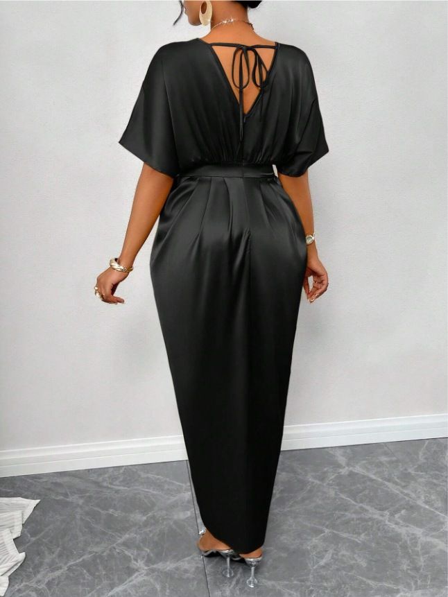 Women's Amazon Solid Satin V-Neck Short Sleeve Waist Tie Slit Long Dresses