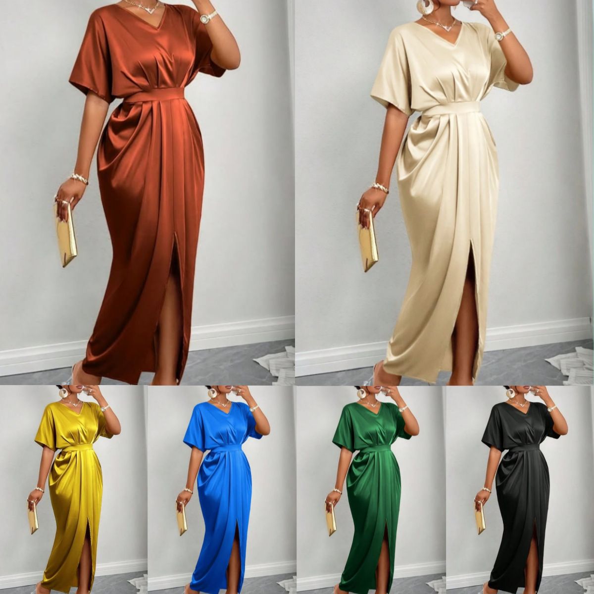 Women's Amazon Solid Satin V-Neck Short Sleeve Waist Tie Slit Long Dresses