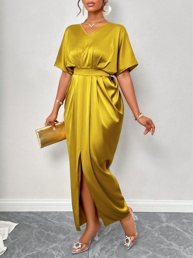 Women's Amazon Solid Satin V-Neck Short Sleeve Waist Tie Slit Long Dresses