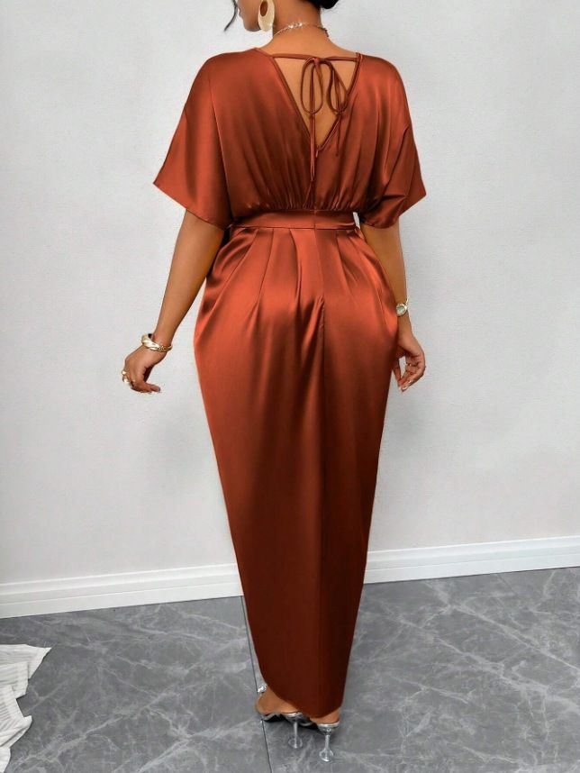 Women's Amazon Solid Satin V-Neck Short Sleeve Waist Tie Slit Long Dresses
