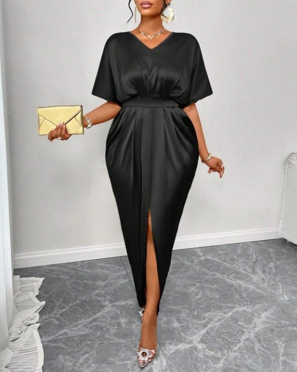 Women's Amazon Solid Satin V-Neck Short Sleeve Waist Tie Slit Long Dresses