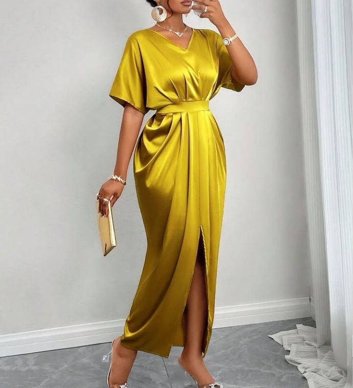 Women's Amazon Solid Satin V-Neck Short Sleeve Waist Tie Slit Long Dresses