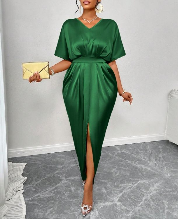 Women's Amazon Solid Satin V-Neck Short Sleeve Waist Tie Slit Long Dresses