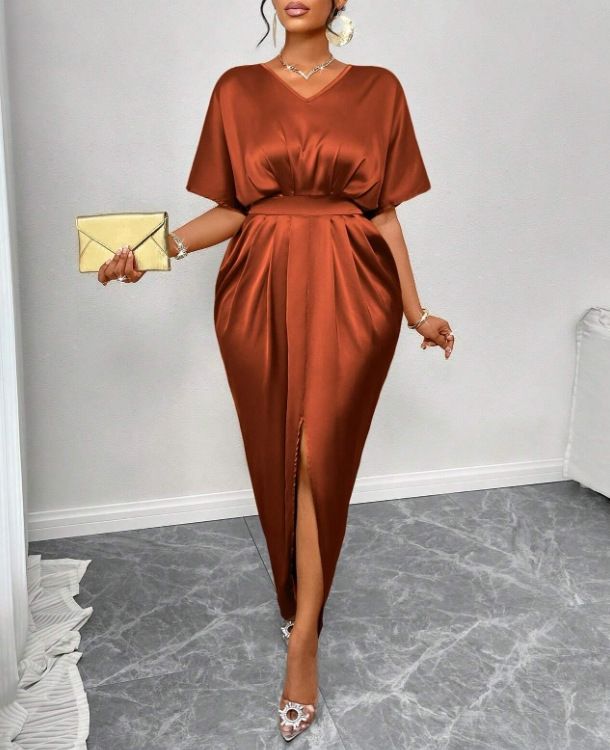 Women's Amazon Solid Satin V-Neck Short Sleeve Waist Tie Slit Long Dresses