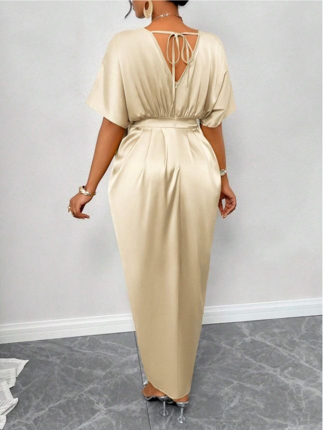 Women's Amazon Solid Satin V-Neck Short Sleeve Waist Tie Slit Long Dresses