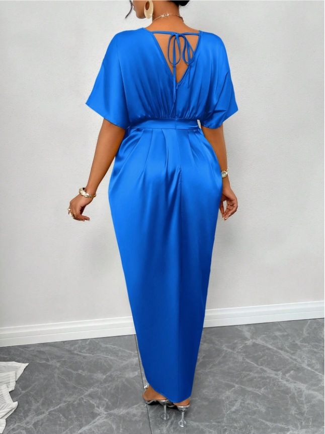 Women's Amazon Solid Satin V-Neck Short Sleeve Waist Tie Slit Long Dresses