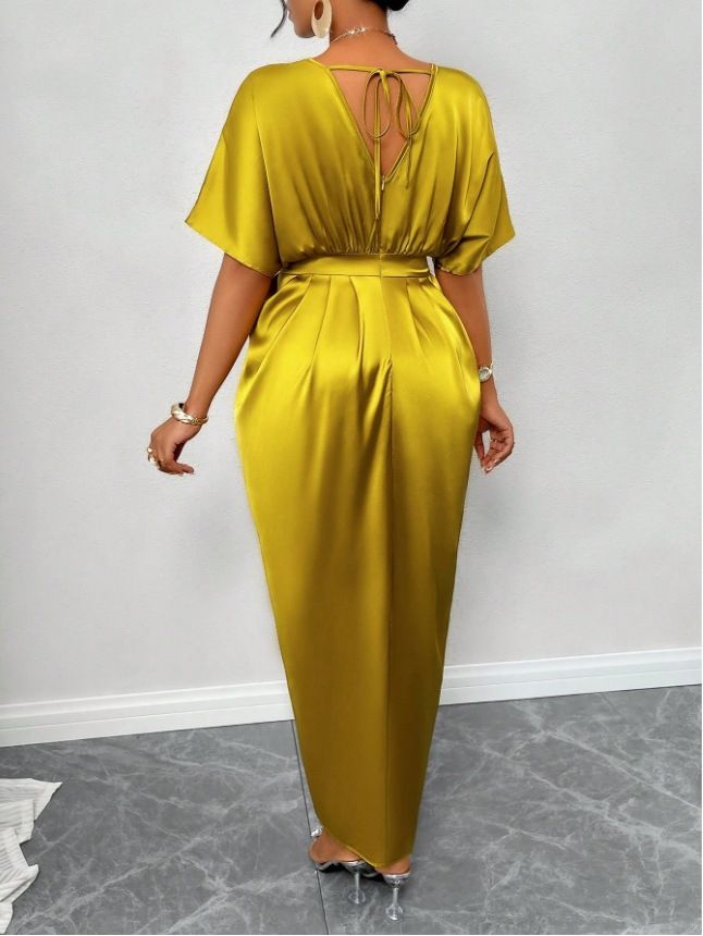 Women's Amazon Solid Satin V-Neck Short Sleeve Waist Tie Slit Long Dresses
