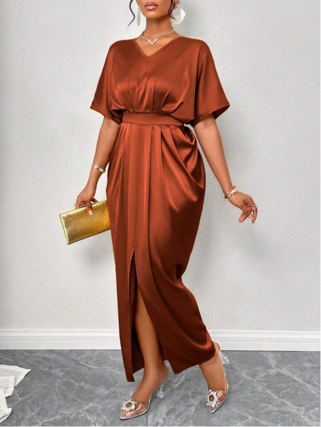 Women's Amazon Solid Satin V-Neck Short Sleeve Waist Tie Slit Long Dresses