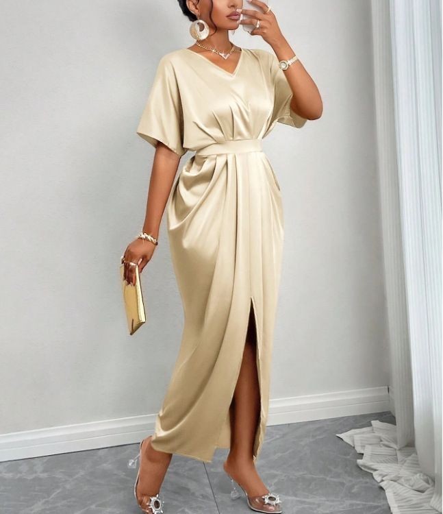 Women's Amazon Solid Satin V-Neck Short Sleeve Waist Tie Slit Long Dresses