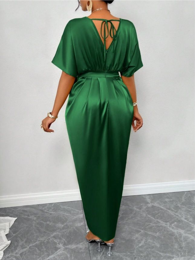 Women's Amazon Solid Satin V-Neck Short Sleeve Waist Tie Slit Long Dresses