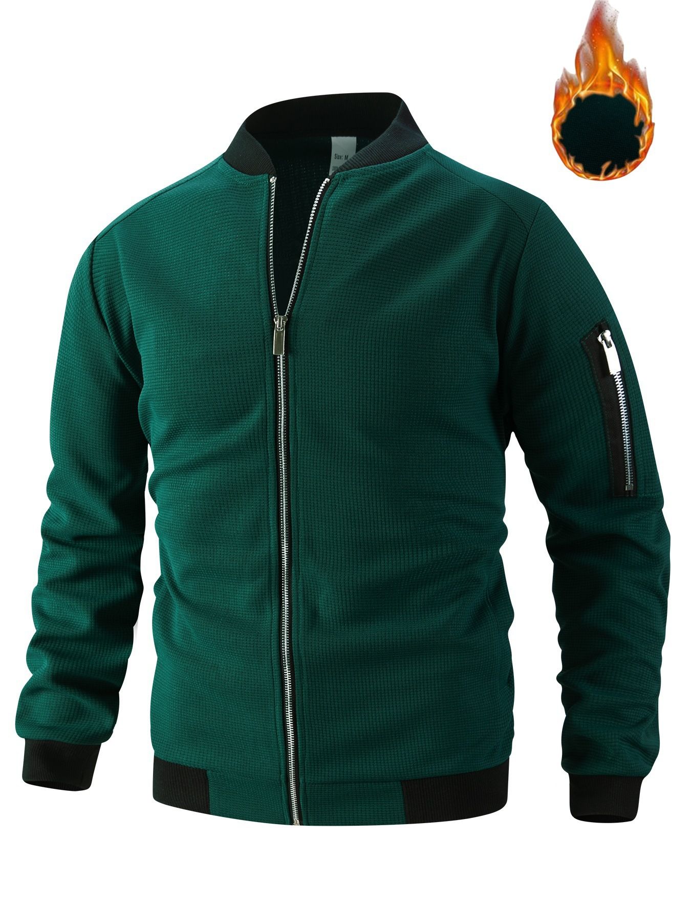 New Men's 300G Waffle Weave Solid Colour Cardigan with Pocket, Zip-Up Stand Collar Jacket