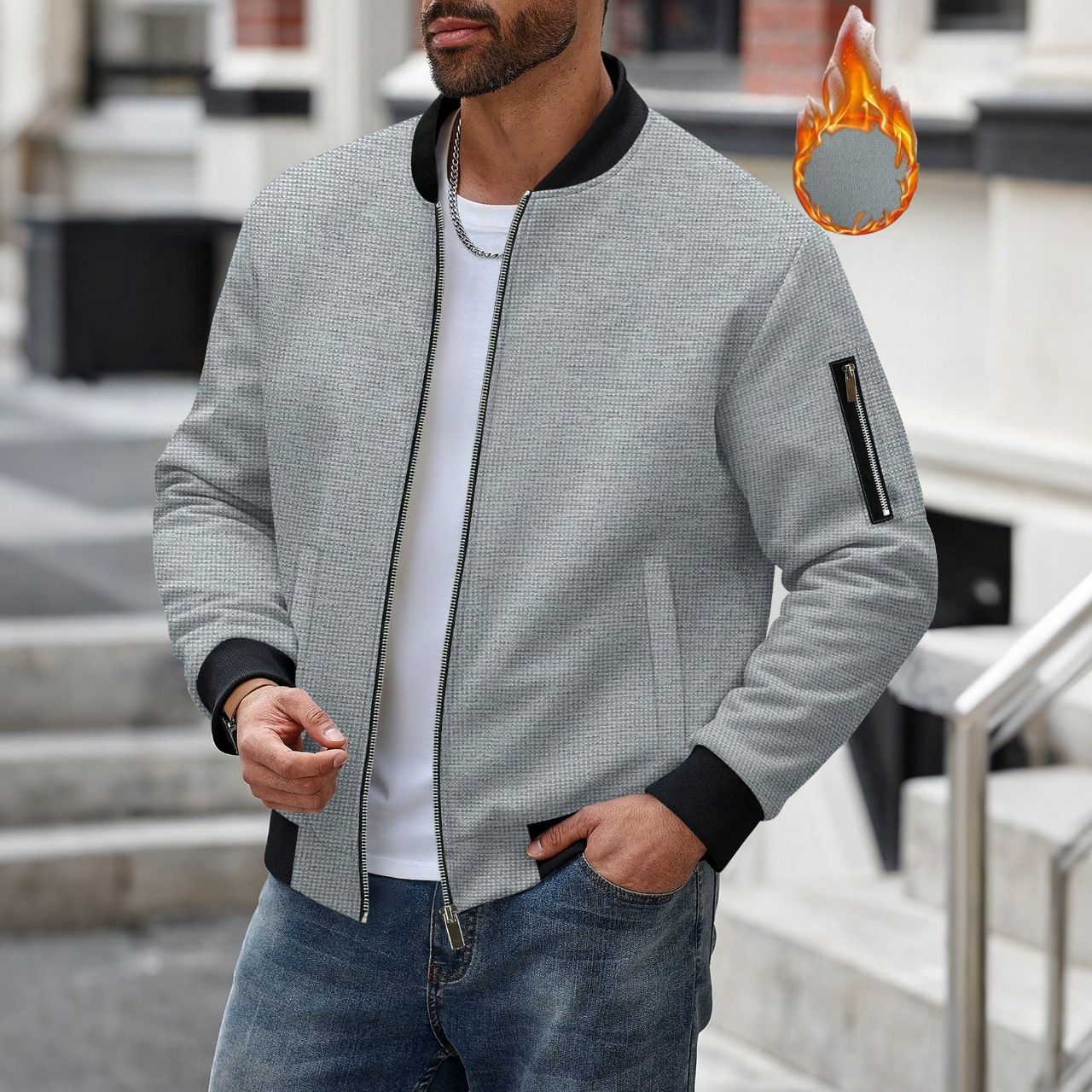 New Men's 300G Waffle Weave Solid Colour Cardigan with Pocket, Zip-Up Stand Collar Jacket