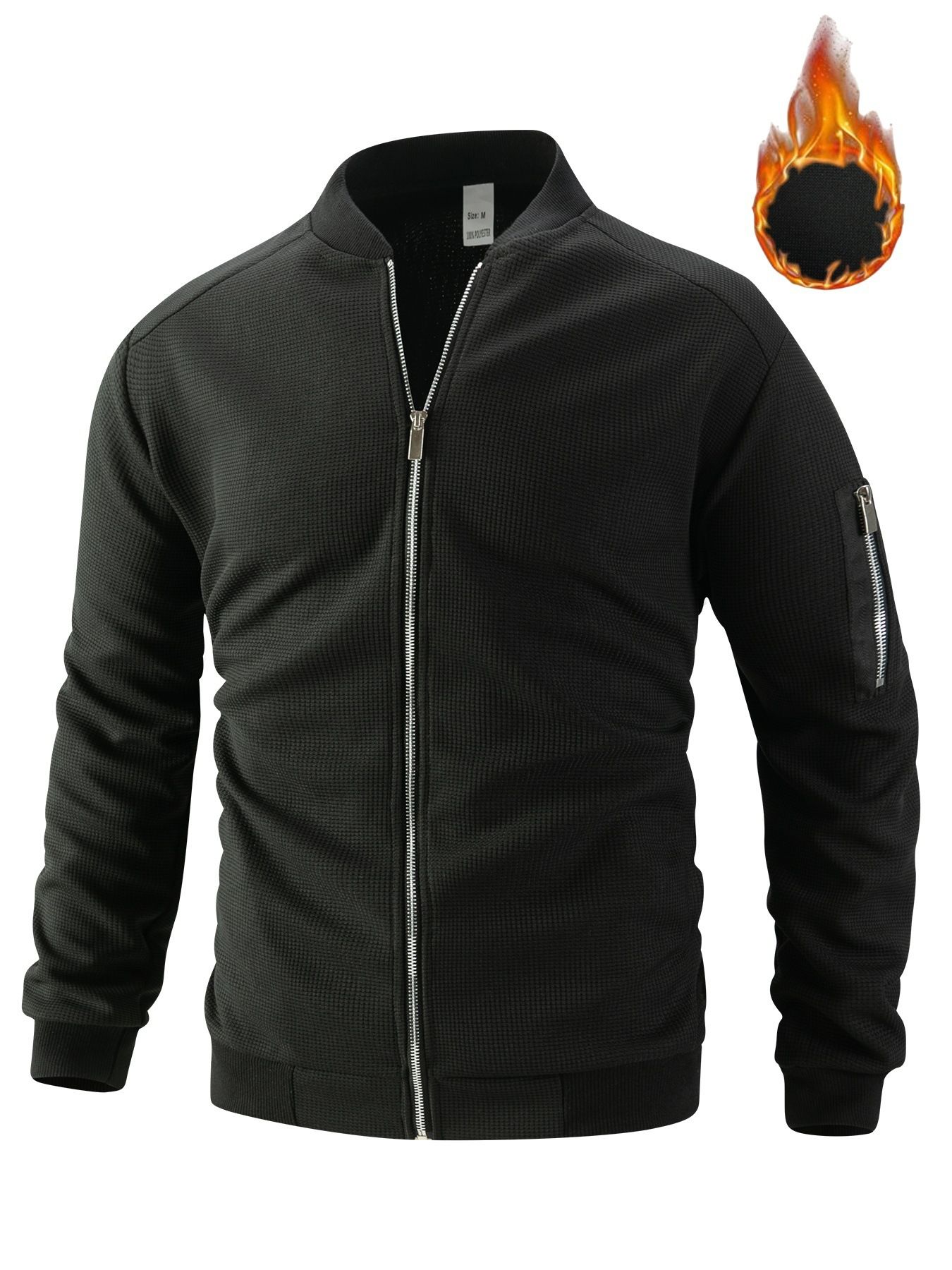 New Men's 300G Waffle Weave Solid Colour Cardigan with Pocket, Zip-Up Stand Collar Jacket