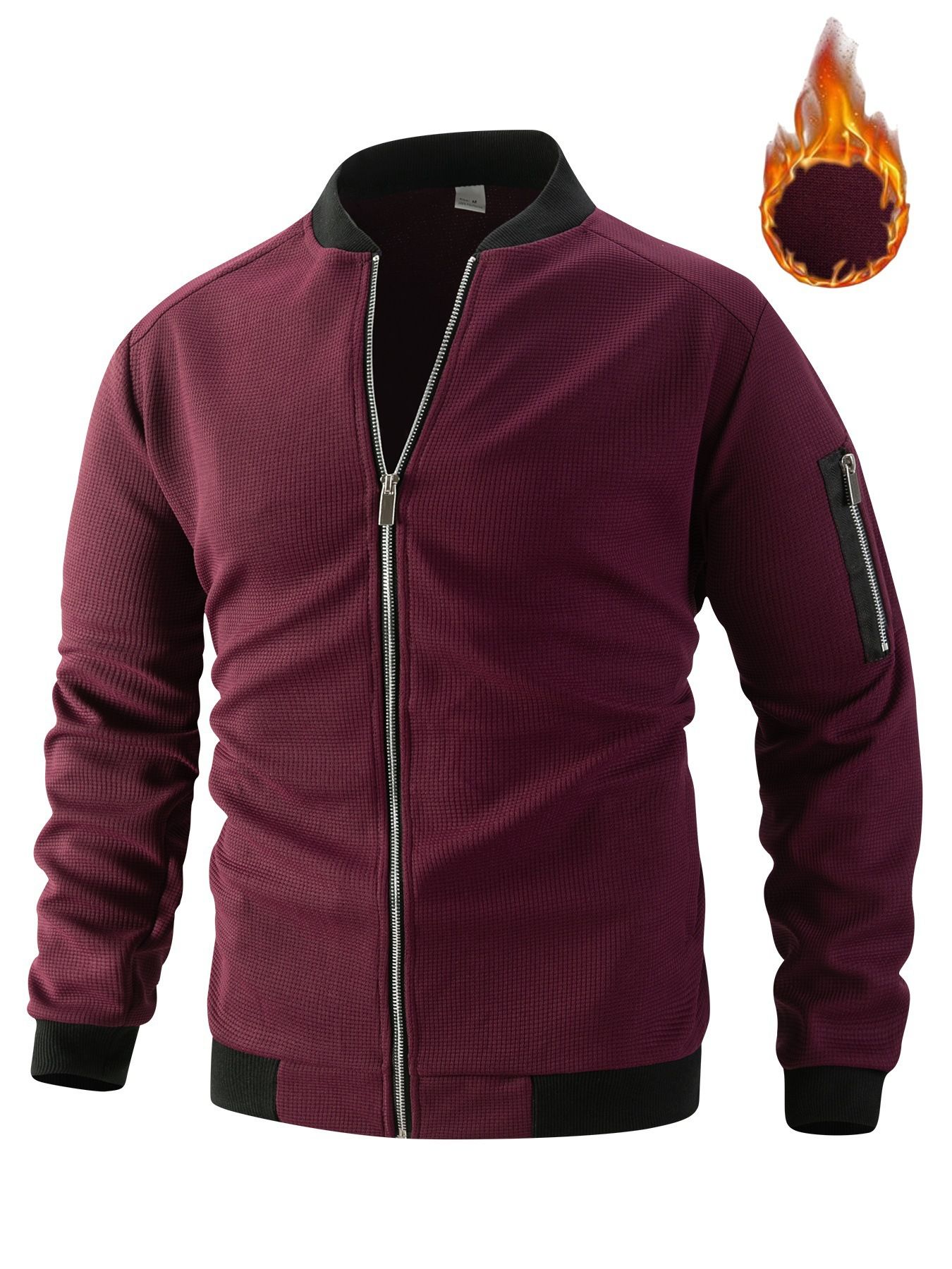 New Men's 300G Waffle Weave Solid Colour Cardigan with Pocket, Zip-Up Stand Collar Jacket
