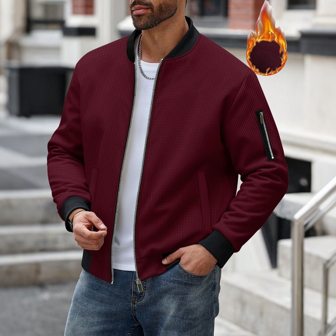 New Men's 300G Waffle Weave Solid Colour Cardigan with Pocket, Zip-Up Stand Collar Jacket