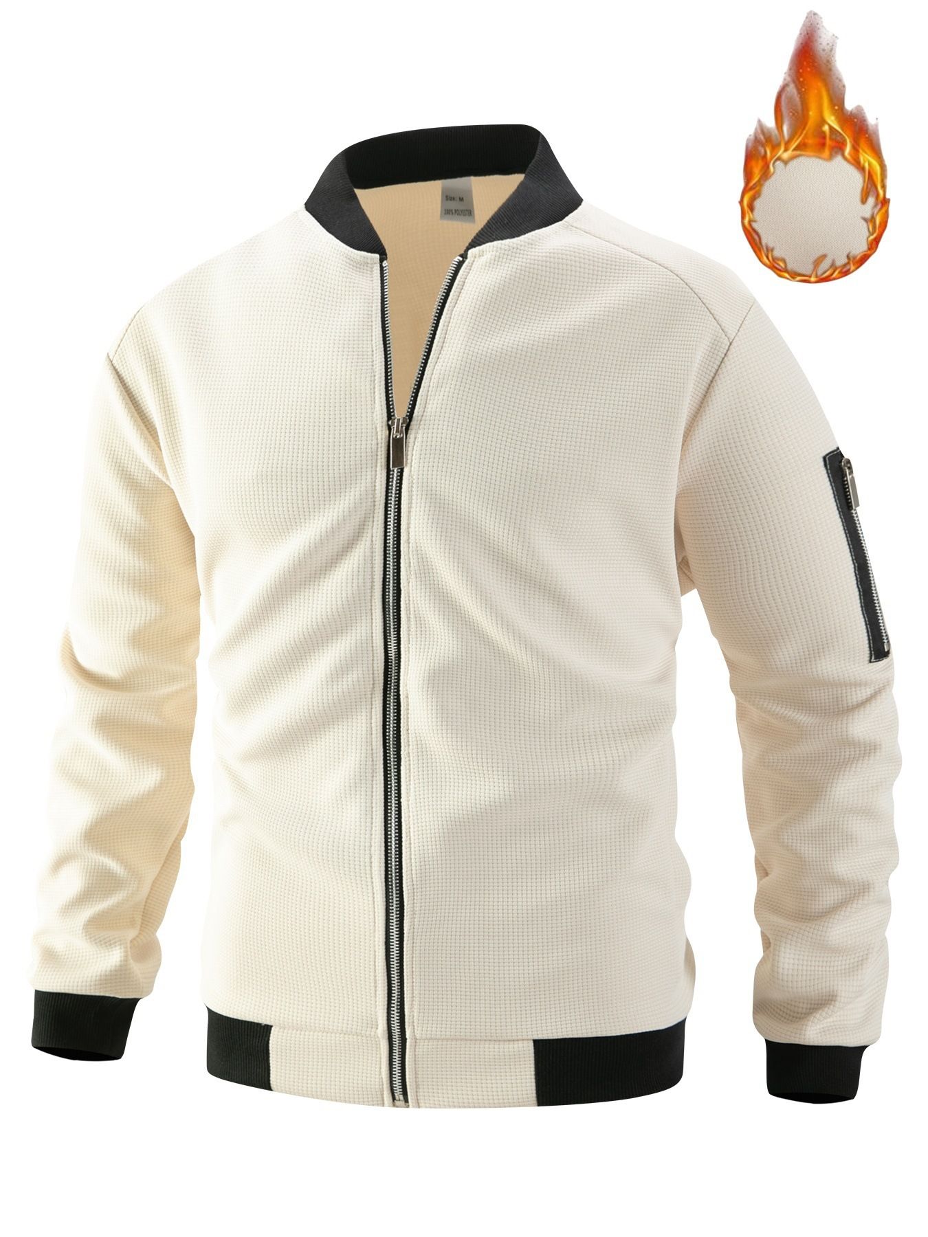 New Men's 300G Waffle Weave Solid Colour Cardigan with Pocket, Zip-Up Stand Collar Jacket