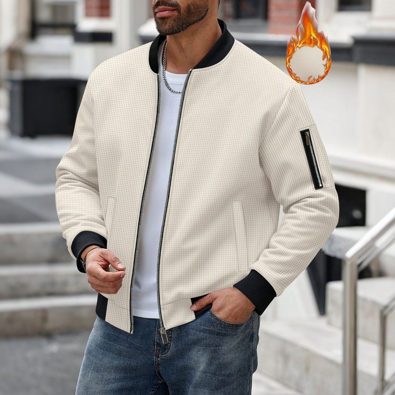 New Men's 300G Waffle Weave Solid Colour Cardigan with Pocket, Zip-Up Stand Collar Jacket