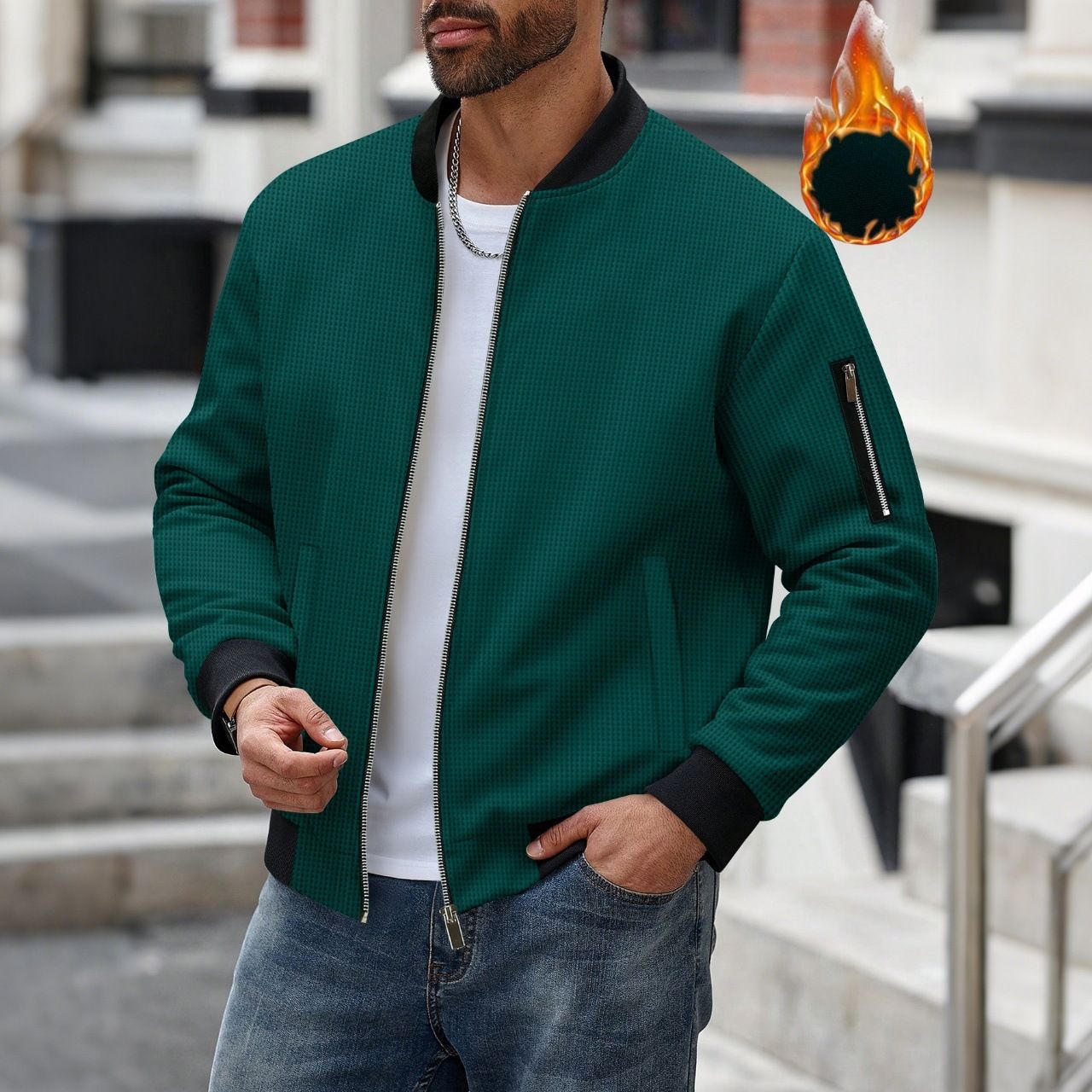 New Men's 300G Waffle Weave Solid Colour Cardigan with Pocket, Zip-Up Stand Collar Jacket