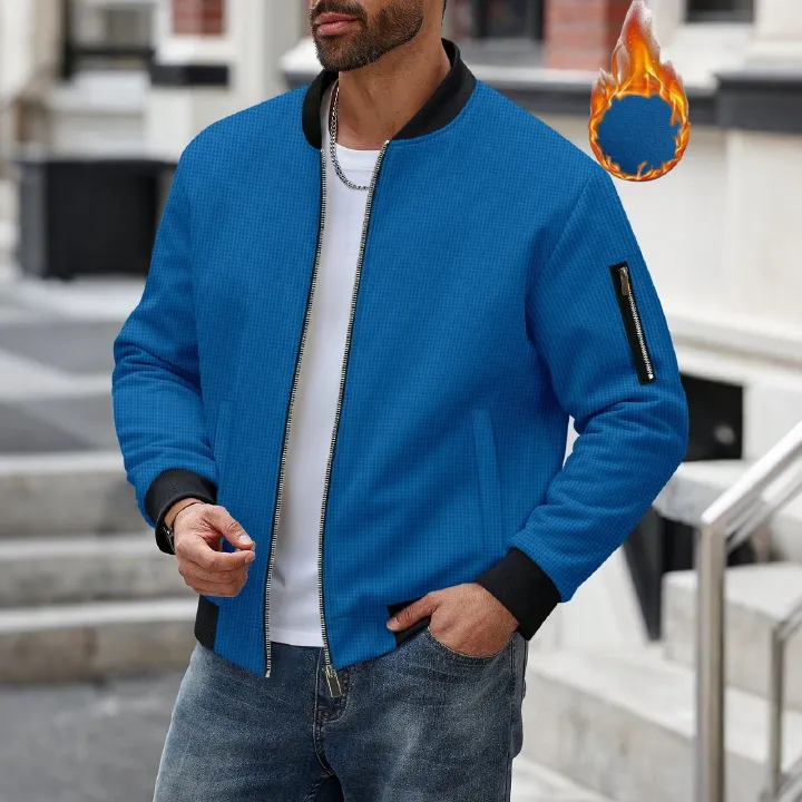 New Men's 300G Waffle Weave Solid Colour Cardigan with Pocket, Zip-Up Stand Collar Jacket