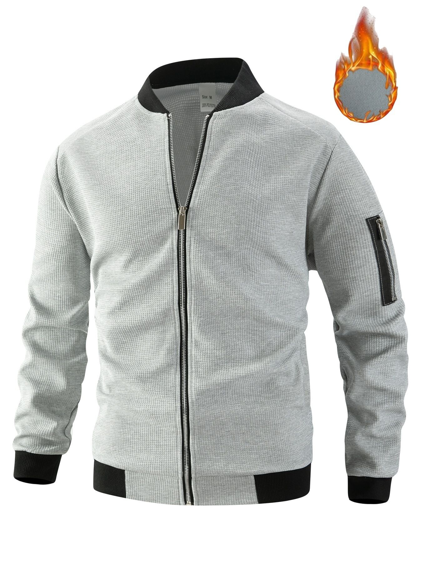New Men's 300G Waffle Weave Solid Colour Cardigan with Pocket, Zip-Up Stand Collar Jacket