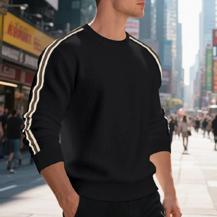 Men's Round Neck T-Shirt - Loose Fit, Lightweight, Seven Stripes, Pineapple Pattern Casual Long-Sleeved Sweatshirt for Men