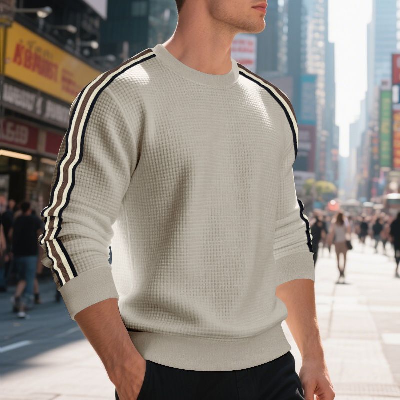 Men's Round Neck T-Shirt - Loose Fit, Lightweight, Seven Stripes, Pineapple Pattern Casual Long-Sleeved Sweatshirt for Men