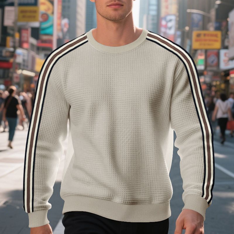 Men's Round Neck T-Shirt - Loose Fit, Lightweight, Seven Stripes, Pineapple Pattern Casual Long-Sleeved Sweatshirt for Men