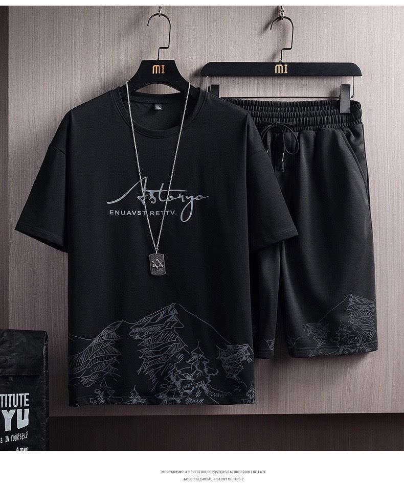 Men clothes 2 pack new short-sleeve T-shirts &amp; Polos sports suit tied version of the trend of casual Top Black Pants Black