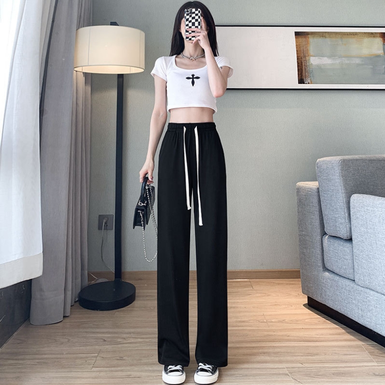 Women Elastic High Waisted Sweatpants Lady Leisure Daily Wide Leg Straight Leg Trousers