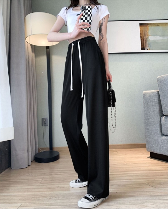 Women Elastic High Waisted Sweatpants Lady Leisure Daily Wide Leg Straight Leg Trousers