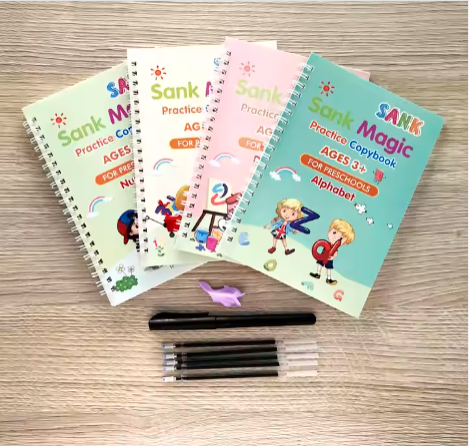 Cheap price 4pcs kids magic practice books Maths,alphabet,numbers, drawing and 1 pen, 4 pen refills and pen holder for kids