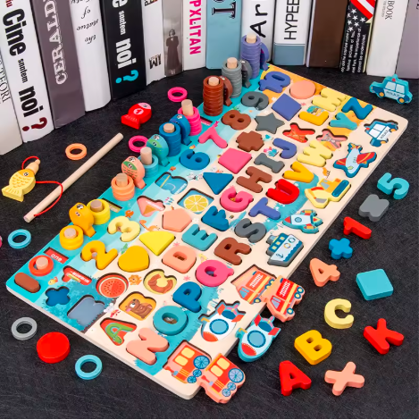 Wholesale Montessori Children's Wooden 7 in 1 Fishing Letter Shape Matching Board Game Educational Learning Gift Toys for Kids