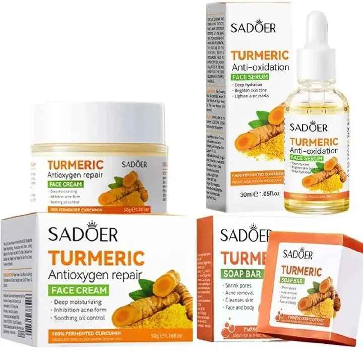 3 In 1 Set Sadoer Turmeric Soap Bar + Serum + Cream Skin Care for Shower, Smoothing and Cleanses Skin Face Wash Soap Face Serum, Face Wash Oily Skin Bar Soap for Face and Body (Serum Soap Se