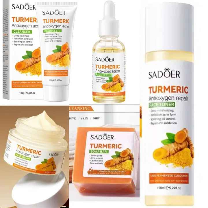 5 in 1 Sadoer Turmeric Set, Tumeric Cleanser + Face Serum +Face Toner + Face Cream + Tumeric Soap, with unparelled Vitamin C capabilities, Helps in Preven Acne, Sooth, Hydrate, Lighjten Acne Marks